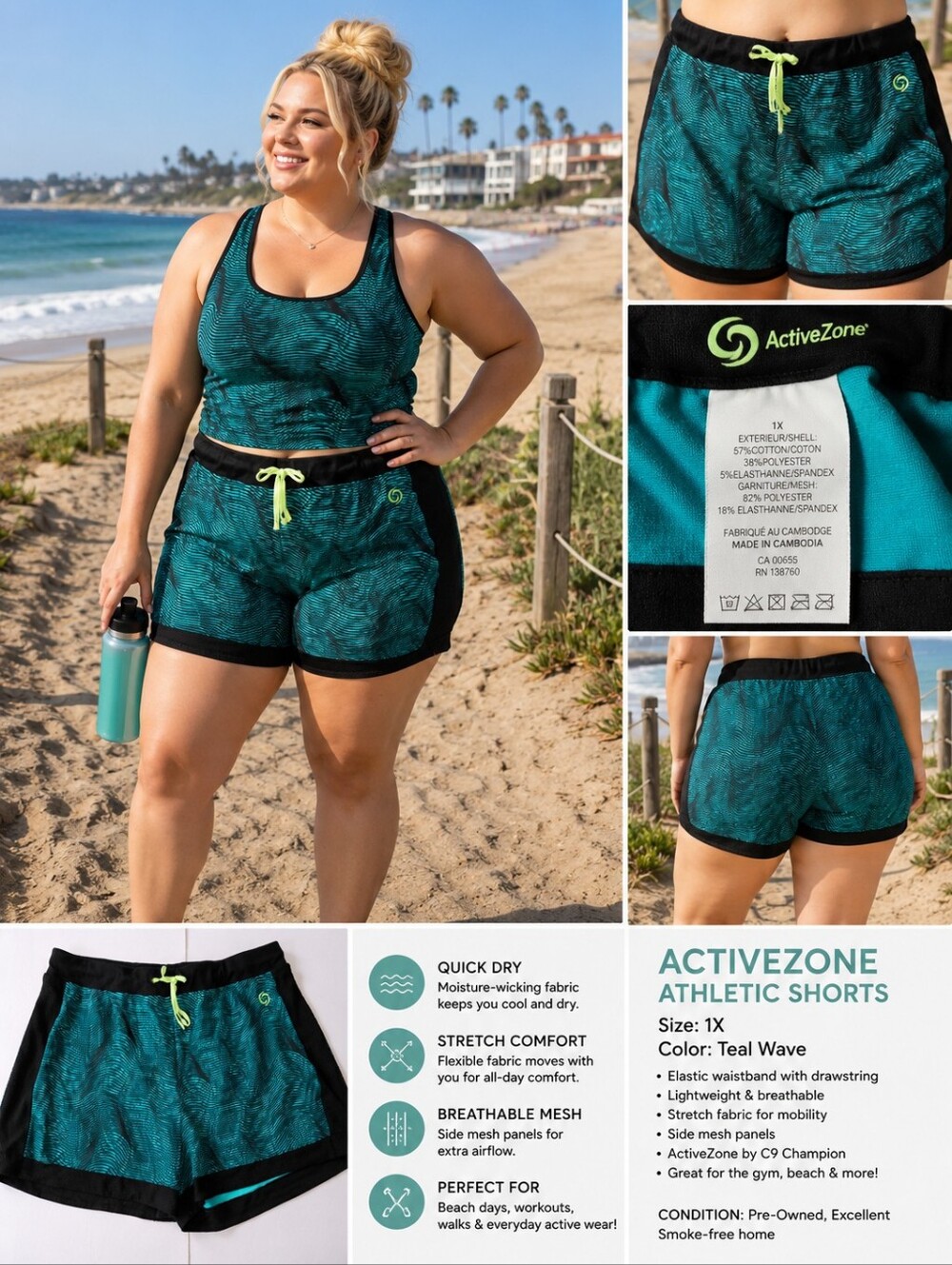 ActiveZone Athletic Shorts – Size 1X – Teal Wave Print - Picture 2 of 12